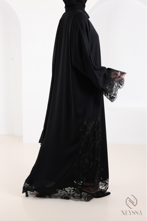 Abaya Dubaï kimono de luxe avec broderie tendance chic noir femme