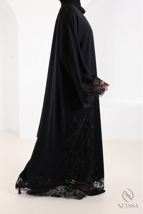 Abaya Dubaï kimono de luxe avec broderie tendance chic noir femme