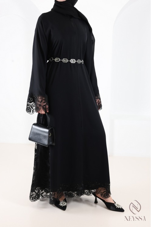 Luxury Dubai kimono abaya with chic black embroidery for women