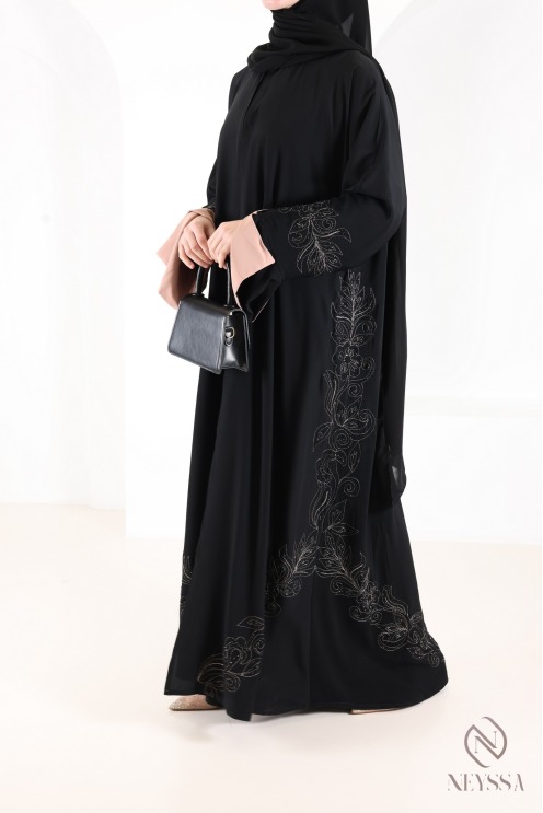 Abaya Dubaï kimono avec broderies et strass manches revers
