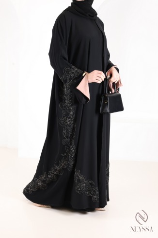 Dubai kimono abaya with embroidery and rhinestones, cuffed sleeves 2