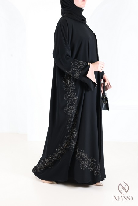 Dubai kimono abaya with embroidery and rhinestones, cuffed sleeves