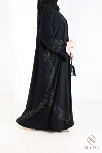 Abaya Dubaï kimono avec broderies et strass manches revers