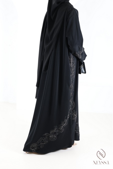 Abaya Dubaï kimono avec broderies et strass manches revers
