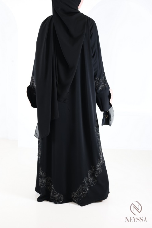 Abaya Dubaï kimono avec broderies et strass manches revers