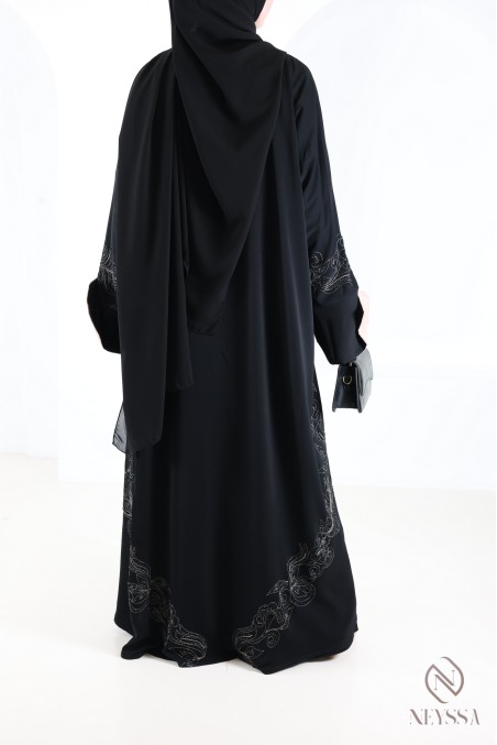 Dubai kimono abaya with embroidery and rhinestones, cuffed sleeves