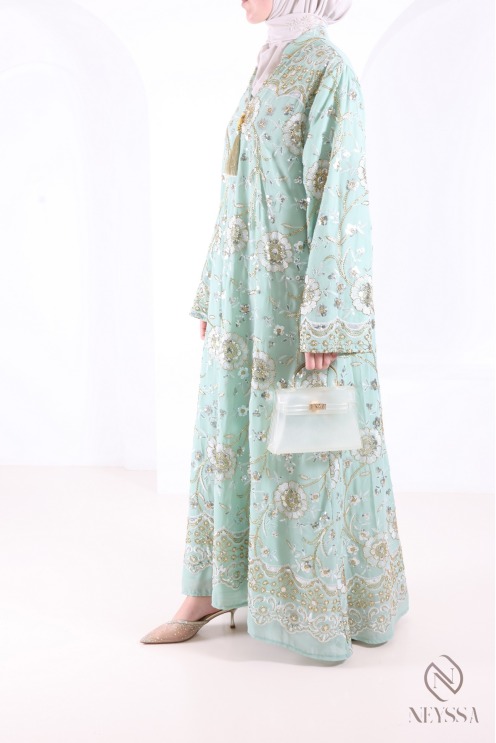 Grüne, perlenbesetzte Chiffon-Abaya-Kaftan, elegantes Eid-Outfit