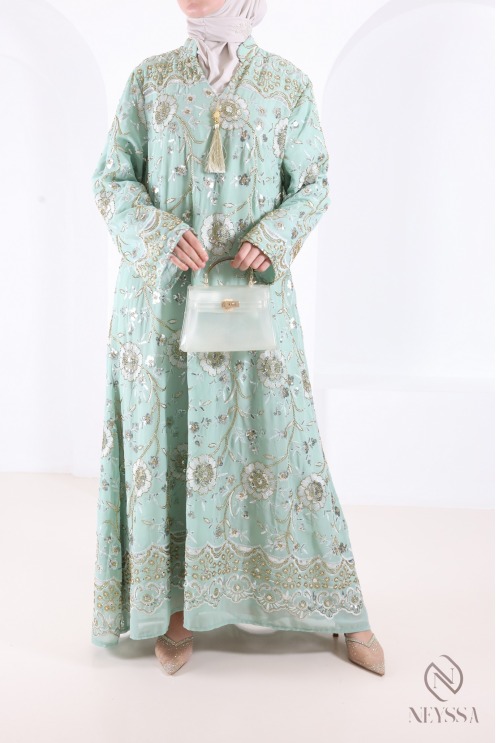 Grüne, perlenbesetzte Chiffon-Abaya-Kaftan, elegantes Eid-Outfit