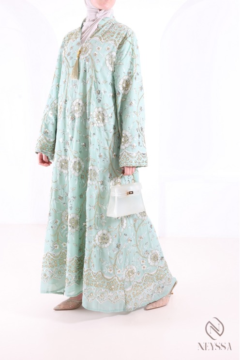 Green Beaded Chiffon Abaya Caftan, Elegant Eid Outfit for Women