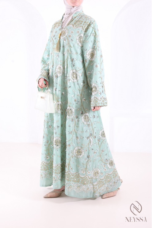 Green Beaded Chiffon Abaya Caftan, Elegant Eid Outfit for Women