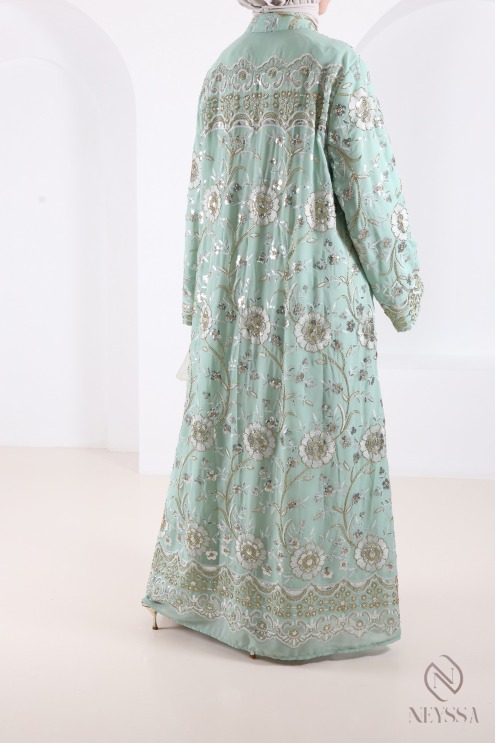 Grüne, perlenbesetzte Chiffon-Abaya-Kaftan, elegantes Eid-Outfit