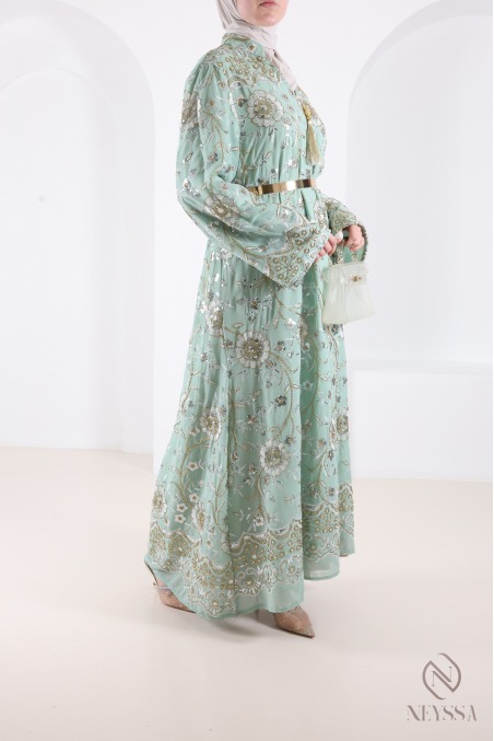 Caftan Abaya vert  Mousseline Perlée, Élégante Tenue Aïd Femme