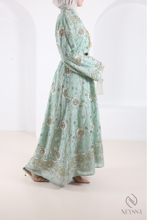 Green Beaded Chiffon Abaya Caftan, Elegant Eid Outfit for Women