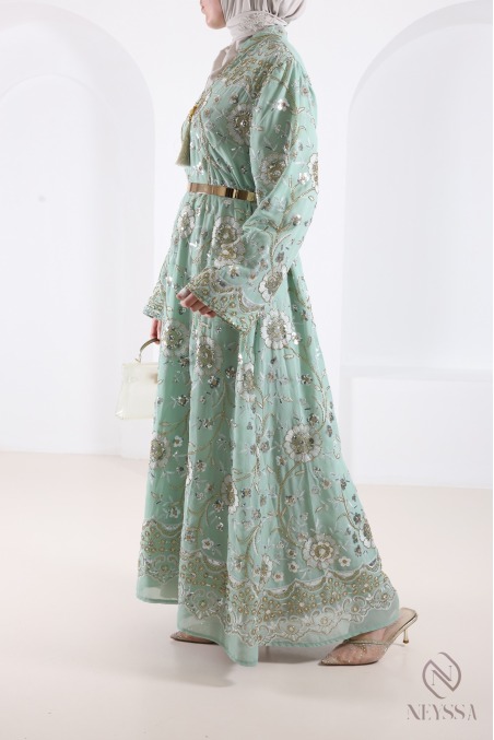 Grüne, perlenbesetzte Chiffon-Abaya-Kaftan, elegantes Eid-Outfit