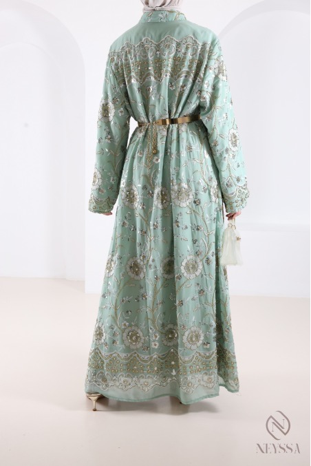 Grüne, perlenbesetzte Chiffon-Abaya-Kaftan, elegantes Eid-Outfit