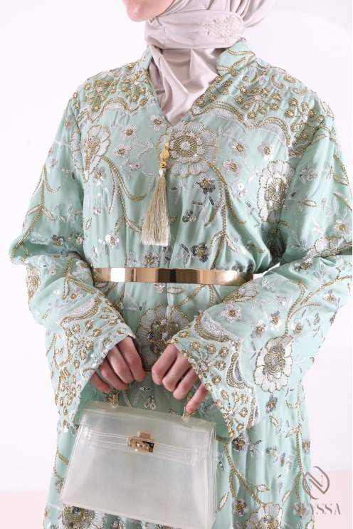 Green Beaded Chiffon Abaya Caftan, Elegant Eid Outfit for Women