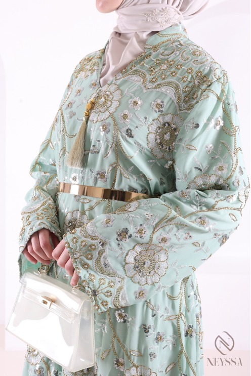 Caftan Abaya vert  Mousseline Perlée, Élégante Tenue Aïd Femme