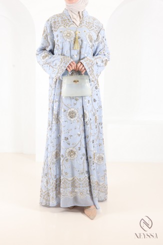 Long abaya in blue chiffon with beaded caftan style, perfect for Eid