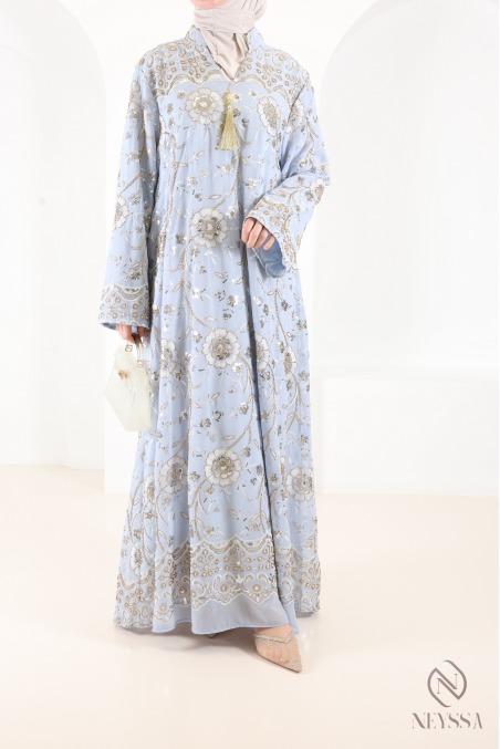Lange Abaya aus blauem Chiffon im Kaftan-Stil mit Perlenstickerei