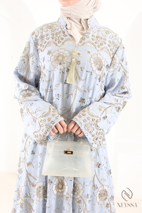 Long abaya in blue chiffon with beaded caftan style, perfect for Eid