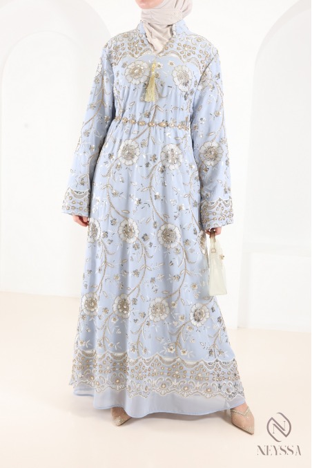 Lange Abaya aus blauem Chiffon im Kaftan-Stil mit Perlenstickerei