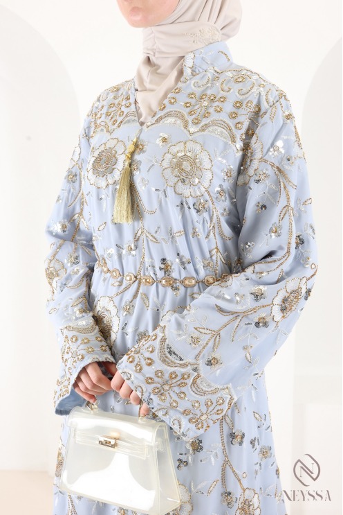 Long abaya in blue chiffon with beaded caftan style, perfect for Eid