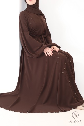 Abaya Dubai Umbrella Browny mit gestickten Perlenmotiven