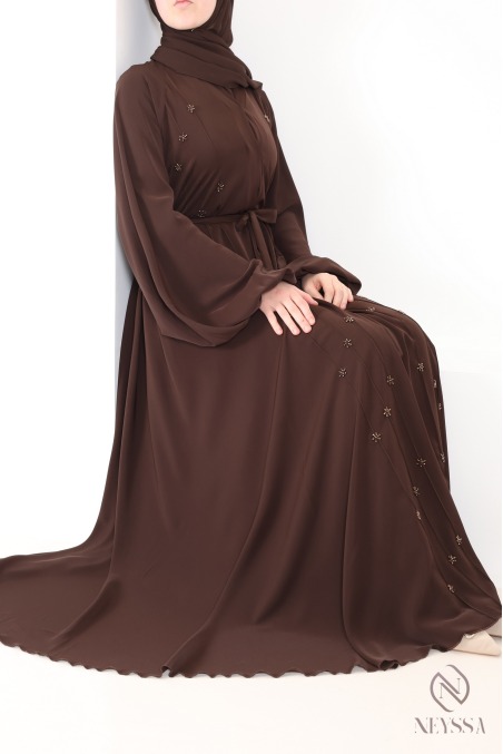 Abaya Dubai Umbrella Browny mit gestickten Perlenmotiven