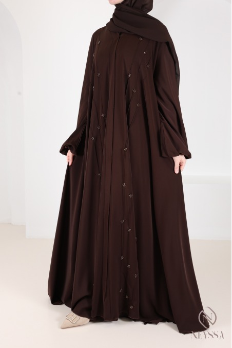 Abaya Dubai Umbrella Browny mit gestickten Perlenmotiven