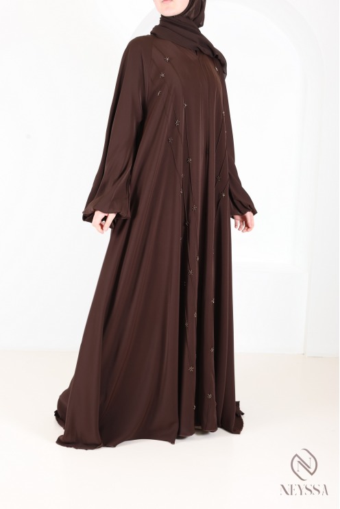 Abaya Dubai Umbrella Browny mit gestickten Perlenmotiven