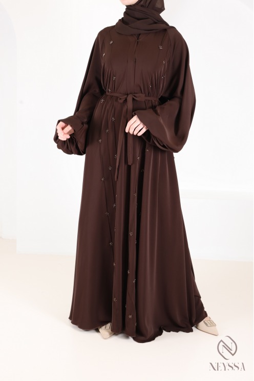 Abaya Dubaï umbrella browny avec motifs de perles brodées