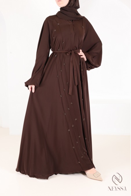 Abaya Dubaï umbrella browny avec motifs de perles brodées
