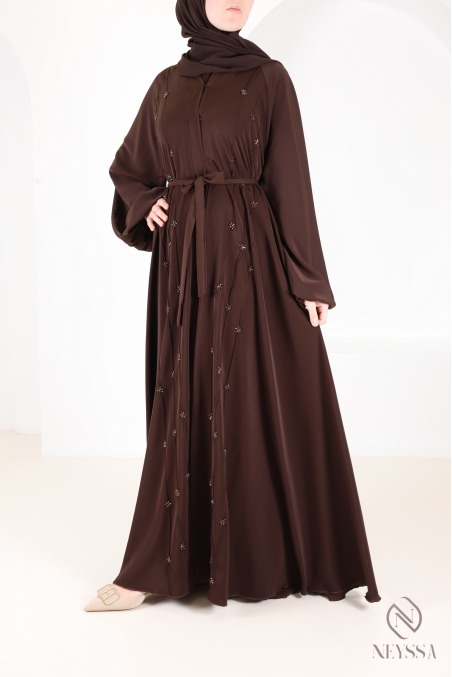 Abaya Dubai Umbrella Browny mit gestickten Perlenmotiven
