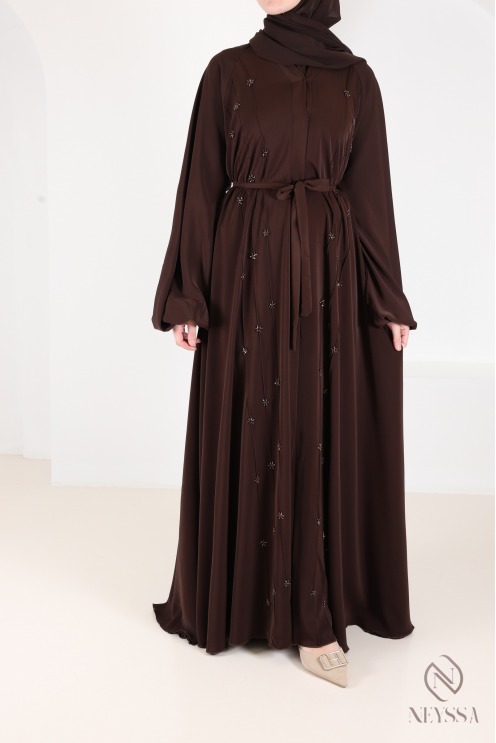 Abaya Dubaï umbrella browny avec motifs de perles brodées