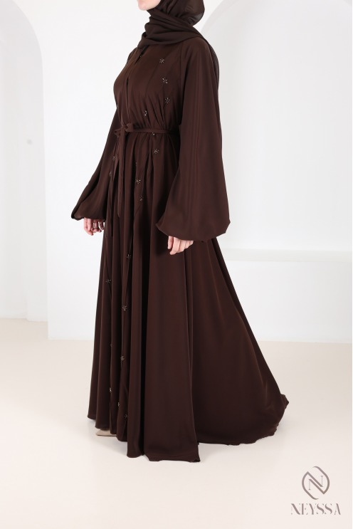 Abaya Dubaï umbrella browny avec motifs de perles brodées