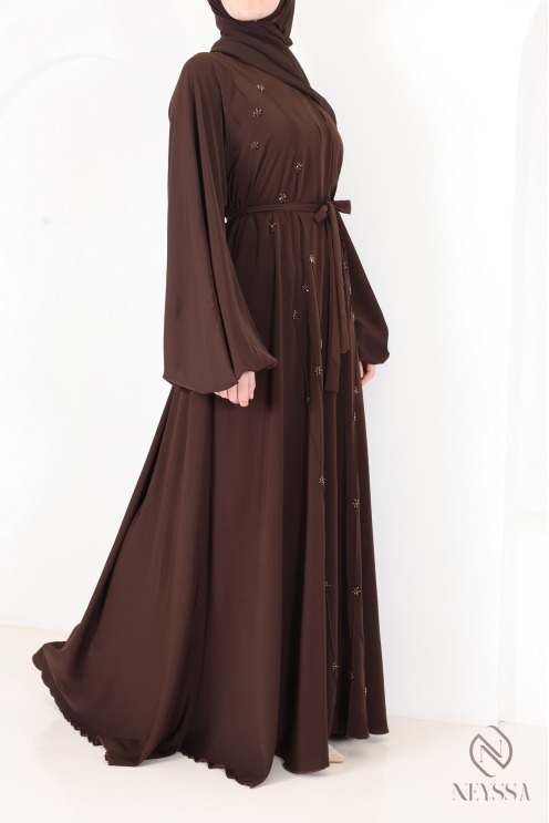 Abaya Dubai Umbrella Browny mit gestickten Perlenmotiven