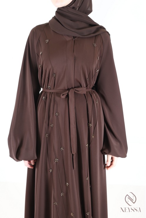 Abaya Dubaï umbrella browny avec motifs de perles brodées