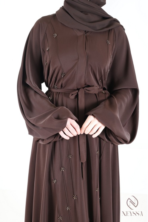 Abaya Dubai Umbrella Browny mit gestickten Perlenmotiven