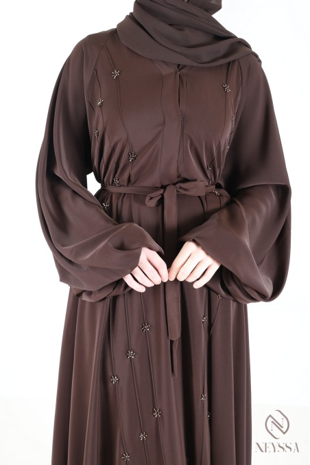 Abaya Dubai Umbrella Browny mit gestickten Perlenmotiven