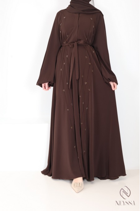 Abaya Dubaï umbrella browny avec motifs de perles brodées