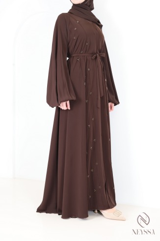 Abaya Dubai Umbrella Browny mit gestickten Perlenmotiven 2