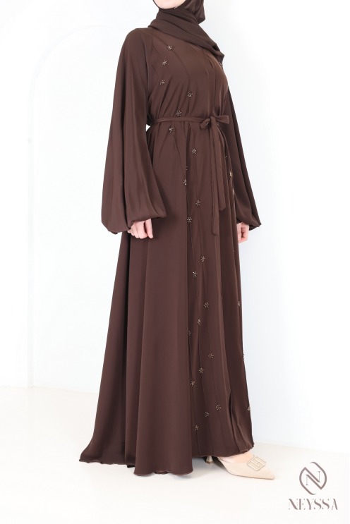 Abaya Dubaï umbrella browny avec motifs de perles brodées