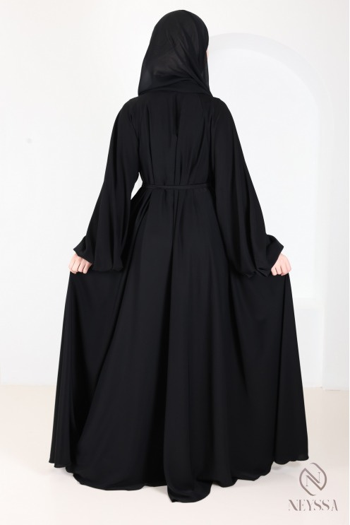 Abaya kimono Dubaï noir coupe évasée avec perles brodées
