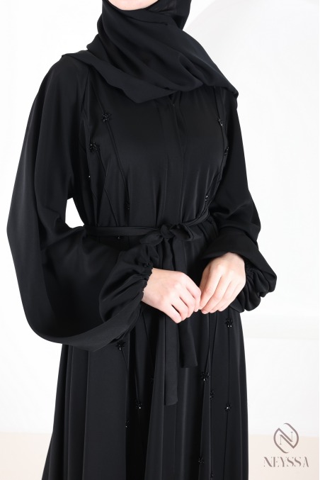 Black Dubai kimono abaya with flared cut and embroidered pearls
