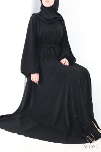 Black Dubai kimono abaya with flared cut and embroidered pearls