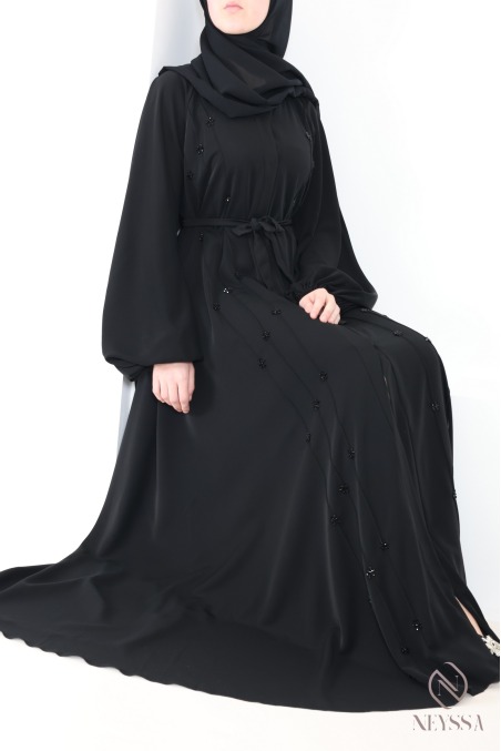 Black Dubai kimono abaya with flared cut and embroidered pearls