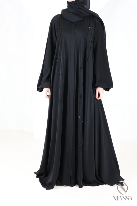 Black Dubai kimono abaya with flared cut and embroidered pearls
