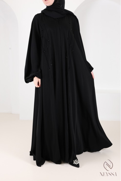 Schwarzer Kimono-Abaya Dubai mit ausgestelltem Schnitt