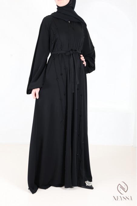 Black Dubai kimono abaya with flared cut and embroidered pearls