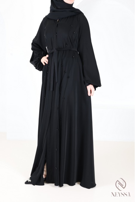 Abaya kimono Dubaï noir coupe évasée avec perles brodées